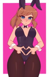 Rule 34 | 1girl, a hat in time, absurdres, aged up, animal ear hairband, animal ears, bare shoulders, black bow, black bowtie, black hairband, black leotard, black pantyhose, blue eyes, blush, bow, bowtie, breasts, breasts apart, brown hair, buttoned cuffs, buttons, closed mouth, commentary, covered navel, cowboy shot, detached collar, english commentary, fake animal ears, four-finger heart hands, hairband, hat kid, heart, heart hands, highres, leotard, looking at viewer, pantyhose, pink background, playboy bunny, ponytail, sidelocks, solo, strapless, strapless leotard, wrist cuffs, xyronii