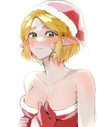 1girl big_egg526 blonde_hair blush breasts cleavage dress fur-trimmed_headwear fur_trim gloves green_eyes hat highres looking_at_viewer medium_breasts nintendo parted_bangs pointy_ears princess_zelda red_dress red_gloves santa_costume santa_dress santa_hat short_hair sidelocks solo sweatdrop the_legend_of_zelda the_legend_of_zelda:_breath_of_the_wild twitter_username upper_body white_background white_fur