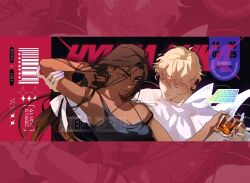 1boy 1girl alien_stage barcode bilingual_text black_bra black_tank_top blonde_hair bra bra_strap brown_hair character_name colored_extremities colored_eyelashes commentary copyright_logo copyright_name cup dark-skinned_female dark_skin earrings english_text floating_hair german_text grey_eyes highres holding holding_another&#039;s_arm holding_cup hyuna_(alien_stage) jewelry korean_text long_hair looking_at_another luka_(alien_stage) lyrics marik_draw mixed-language_text open_mouth ring shirt song_name tank_top timestamp underwear white_shirt yellow_eyes zoom_layer