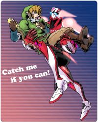 10s 2boys armor barnaby_brooks_jr. blonde_hair blue_eyes boots bracken_(macore) carrying crossover earrings english_text fingerless_gloves game_console gloves hat jewelry link multiple_boys neon_trim nintendo pointy_ears power_armor power_suit princess_carry short_hair superhero_costume the_legend_of_zelda the_legend_of_zelda:_skyward_sword tiger_&amp;_bunny wii