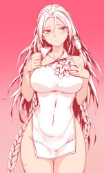 Rule 34 | 1girl, absurdres, blush, china dress, chinese clothes, closed mouth, collar tug, collared dress, covered navel, dress, embarrassed, fish.boy, hand on own chest, head tilt, highres, jade wraith (phantom blade), long hair, looking at viewer, partially colored, pelvic curtain, phantom blade (game), pink background, solo, upper body