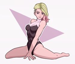 1girl abs absurdres asymmetrical_hair barefoot black_bodysuit blonde_hair blue_eyes bodysuit breasts brown_hair eyebrow_piercing gradient_hair highleg highleg_leotard highres kim_kai leotard marvel medium_breasts medium_hair multicolored_hair piercing pink_hair sidecut skin_tight smile spider-gwen spider-man:_into_the_spider-verse spider-man_(series) spider-verse thighs toned two-tone_bodysuit undercut white_bodysuit