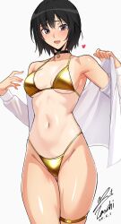 1girl absurdres amagami bare_shoulders bikini black_choker black_hair blush breasts brown_eyes choker commentary_request gold_bikini heart highleg highleg_bikini highres long_sleeves looking_at_viewer medium_breasts nanasaki_ai navel off_shoulder one-piece_tan open_mouth revision shirt short_hair signature simple_background skindentation smile solo stomach swimsuit tan tanline teeth thigh_strap thighs upper_teeth_only white_background white_shirt yoo_tenchi