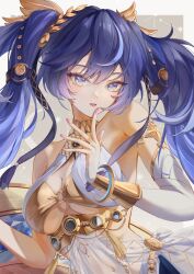 1girl absurdres ancient_greek_clothes armpit_crease bare_shoulders blue_eyes blue_hair breasts chigusa7h commentary_request fingernails gold_bra greco-roman_clothes head_wreath highres iuno_(wuthering_waves) large_breasts looking_at_viewer multicolored_hair nail_polish parted_lips pink_nails solo streaked_hair twintails underboob upper_body wuthering_waves