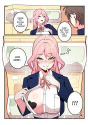 Rule 34 | !, !!, 1boy, 1girl, absurdres, blue jacket, blush, border, breast pocket, breasts, brown hair, collared shirt, commentary, english commentary, english text, finger to mouth, flashing, hand up, heart pasties, hetero, highres, jacket, large breasts, long hair, long sleeves, looking at viewer, mirui09, musical note, neck ribbon, open clothes, open mouth, open shirt, opened by self, original, parted bangs, parted lips, pasties, pink eyes, pink hair, pocket, red ribbon, ribbon, seductive smile, shirt, short hair, smile, speech bubble, spoken musical note, talking, white border, white shirt