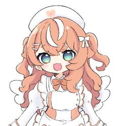 Rule 34 | 1girl, :d, apron, blue eyes, blush stickers, bow, brown bow, brown hair, commentary, dress, fang, frilled apron, frills, hair between eyes, hair bow, hair ornament, hairclip, hat, igarashi rika, juliet sleeves, long hair, long sleeves, looking at viewer, multicolored hair, nijisanji, nozo (hitomiz), nurse cap, open mouth, puffy sleeves, simple background, smile, solo, streaked hair, two side up, upper body, very long hair, virtual youtuber, white apron, white background, white bow, white dress, white hair, white hat, white wings, wings