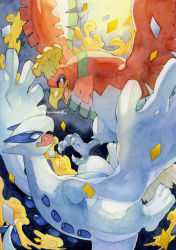 bird black_eyes bright_pupils commentary_request creatures_(company) eye_contact game_freak gen_2_pokemon highres ho-oh legendary_pokemon looking_at_another lugia nintendo no_humans open_mouth orange_eyes pokemon pokemon_(creature) talons tongue white_pupils yamanashi_taiki