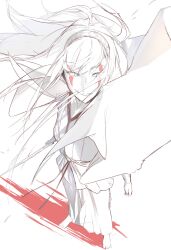 1boy absurdres arm_at_side capelet colored_eyelashes esu_kota facepaint facial_mark floating floating_hair full_body hairband highres holding holding_sword holding_weapon long_hair looking_at_another original robe smile solo standing sword tower_of_god weapon white_(tower_of_god) white_background white_capelet white_eyelashes white_eyes white_hair white_robe wind