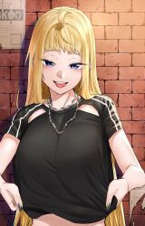 1girl blonde_hair blue_eyes breasts clothes_lift dosanko_gal_wa_namaramenkoi fuyuki_minami highres ikada_kai large_breasts long_hair looking_at_viewer official_art shirt_lift smile solo tongue