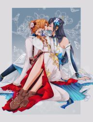 2girls absurdres aerith_gainsborough aerith_gainsborough_(festive_crimson_attire) artist_name black_hair blue_nails boots breasts brown_footwear brown_hair chinese_clothes closed_eyes detached_sleeves earrings final_fantasy final_fantasy_vii final_fantasy_vii_ever_crisis floral_background floral_print floral_print_kimono flower foot_out_of_frame frilled_kimono frills full_body fur-trimmed_kimono fur_trim gold_trim hair_bun hair_flower hair_ornament hair_stick half_updo hanfu highres holding holding_phone japanese_clothes jewelry kimono kiss long_hair long_sleeves medium_breasts multiple_girls nail_polish official_alternate_costume official_alternate_hairstyle parted_bangs phone print_kimono red_nails shanlieart side_slit sidelocks signature sitting suspenders tassel tassel_earrings tassel_hair_ornament tifa_lockhart tifa_lockhart_(festive_blue_daffodil_attire) white_flower white_footwear white_hanfu white_kimono wide_sleeves yuri
