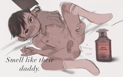 ad advertisment after_anal after_ejaculation aftersex age_difference atom_(tetsuwan_atom) blush brand_name_imitation cologne cum cum_in_ass cum_on_body english_text erection highres leg_grab leg_lift leg_up looking_at_viewer lying male_focus navel nipples nude on_back on_bed penis prichibot shota socks_only spread_legs stained_sheets testicles tetsuwan_atom uncensored watch white_background yaoi