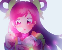 Rule 34 | 1girl, bare shoulders, blush, bow, bowtie, butterfly earrings, butterfly hair ornament, collarbone, cure dream, dot nose, earrings, eyelashes, frilled shirt, frills, green brooch, hair ornament, hair rings, jewelry, long hair, looking ahead, magical girl, nachuchoco, open mouth, outstretched hand, pink bow, pink bowtie, pink eyes, pink hair, precure, shirt, sleeveless, sleeveless shirt, solo, sparkle, tareme, upper body, very long hair, white arm warmers, white background, yellow shirt, yes! precure 5, yumehara nozomi