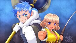 Rule 34 | 1boy, 1girl, bhatar, blonde hair, breasts, cleavage, elf, konekoppoihito, long sleeves, looking at viewer, mabinogi, muiriol, pointy ears, purple eyes, simple background