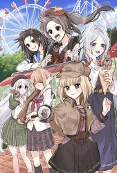 6+girls :d amusement_park aoba_chika beret black_hair black_skirt blonde_hair blue_eyes blue_hair brown_capelet brown_eyes brown_hair capelet closed_mouth commentary_request crepe deerstalker detective eating ferris_wheel floating_hair food grey_hair hair_between_eyes hand_on_own_cheek hand_on_own_face hat highres hiroe_chiharu holding holding_crepe holding_food holding_magnifying_glass kirimine_middle_school_uniform long_hair long_sleeves magia_record:_mahou_shoujo_madoka_magica_gaiden magnifying_glass mahou_shoujo_madoka_magica matsumiya_municipal_first_middle_school_uniform minaminagi_liberty_academy_school_uniform miura_asahi multiple_girls natsu_ryoko open_mouth orange_hair outdoors plaid_capelet plaid_clothes plaid_skirt pleated_skirt purple_eyes red_hat riding roller_coaster school_uniform shirt short_hair sidelocks skirt smile st._liliana&#039;s_academy_school_uniform standing stuffed_animal stuffed_rabbit stuffed_toy swept_bangs toki_sunao tokime_shizuka twintails white_hair white_shirt yukishiro_(hitsuji) yukuni_academy_school_uniform