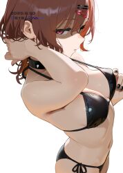 1girl bare_shoulders bikini black_bikini black_collar black_nails blush breasts cleavage collar collarbone from_above glaring hair_ornament hairclip highres higuchi_madoka idolmaster idolmaster_shiny_colors itinana looking_at_viewer medium_breasts navel parted_lips purple_eyes red_eyes short_hair side-tie_bikini_bottom simple_background solo spiked_collar spikes standing swimsuit tongue tongue_out white_background