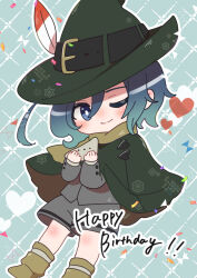 Rule 34 | 1girl, aqua hair, blazer, blush, cape, chibi, chibi only, green cape, green hat, grey jacket, grey shorts, happy birthday, hat, hat belt, hat feather, heart, jacket, kimi no koto ga dai dai dai dai daisuki na 100-nin no kanojo, leg warmers, light smile, medium hair, nakaji uto, one eye closed, paramisan, scarf, shorts, solo, yellow leg warmers, yellow scarf