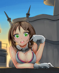 10s 1girl arm_support blush breasts brown_hair female_focus gloves green_eyes headgear kantai_collection large_breasts looking_at_viewer mutsu_(kancolle) nac000 open_mouth personification round_teeth short_hair smile solo teeth tsurime twirling_hair white_gloves