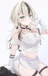 1girl absurdres arm_warmers belt_collar blonde_hair blush breasts cleavage collar cross cross_necklace double-parted_bangs earrings fishnet_thighhighs fishnets green_eyes hair_ornament hairpin highres iris_black_games jewelry kurumi_noah kurumi_noah_(7th_costume) midriff multicolored_hair navel necklace off-shoulder_shirt off_shoulder shino_koha shirt side_slit simple_background skirt solo streaked_hair thighhighs virtual_youtuber vspo! white_background white_shirt white_skirt wolf_cut