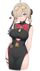 1girl absurdres arms_behind_back bare_shoulders black_dress breasts brown_hair china_dress chinese_clothes clothing_cutout commentary cropped_legs dress edmonmondo english_commentary eyewear_on_head hair_over_one_eye heart highres large_breasts looking_at_viewer pelvic_curtain purple_eyes red_dress short_twintails simple_background sleeveless sleeveless_dress smile solo sweety_(zenless_zone_zero) tinted_eyewear twintails two-tone_dress underboob_cutout white_background yellow-tinted_eyewear zenless_zone_zero
