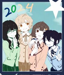 black_hair black_rock_shooter blonde_hair brown_eyes brown_hair closed_eyes glasses highres izuriha_kagari koutari_yuu kuroi_mato medium_hair multiple_girls school_uniform short_hair short_twintails skirt star_(symbol) takanashi_yomi twintails yellow_eyes you92