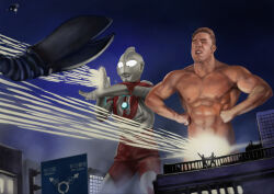 2boys abs baltan_seijin billy_herrington building closed_eyes gachimuchi male_focus multiple_boys muscular night nipples nude road_sign sign skyscraper tokusatsu ultra_beam ultra_series ultraman zeze