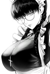 1girl absurdres black_lagoon braid breasts commentary cross cross_necklace english_commentary glasses highres jewelry large_breasts long_hair maid maid_headdress mostlybluewyatt necklace roberta_(black_lagoon) round_eyewear solo twin_braids