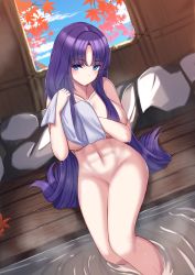 1girl abs absurdres altina_(fire_emblem) bathing blue_eyes blue_sky bobobo1345 breasts collarbone commission convenient_censoring female_focus fire_emblem fire_emblem:_radiant_dawn groin hair_censor highres indoors large_breasts long_hair looking_at_viewer navel nintendo nude onsen partially_submerged purple_hair sitting sky solo stone toned towel very_long_hair water wet