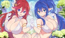 2girls :d absurdres alyssa_(specktech) blue_eyes blue_hair blush bra breasts cleavage closed_mouth commission frilled_gloves frills gloves gold_armlet hair_between_eyes hair_ornament highres holding_hands huge_breasts interlocked_fingers kurokawa_izumi large_breasts long_hair looking_at_viewer marina_(specktech) multiple_girls navel open_mouth original pointy_ears red_hair second-party_source side_ponytail smile stomach tongue underwear white_bra white_gloves wing_hair_ornament