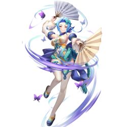 1girl blade_&amp;_soul blue_hair blue_hairband breasts bug butterfly detached_sleeves folding_fan food full_body hairband hand_fan holding holding_food hoyeon insect juria_(blade_&amp;_soul) official_art second-party_source solo symbol-shaped_pupils thighhighs white_thighhighs