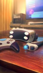 commentary controller fate/grand_order fate_(series) game_controller head-mounted_display indoors moryo no_humans official_art still_life table television third-party_source