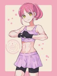 Rule 34 | 1girl, alternate costume, alternate hairstyle, bare shoulders, bike shorts, black gloves, black shorts, crop top, fingerless gloves, gloves, highres, lacey (pokemon), looking at viewer, navel, nintendo, parted bangs, pink hair, pink skirt, pink top, pokemon, pokemon sv, ponytail, shinogo no, shorts, skirt, smile, solo, star (symbol), upper body, watermark, yellow eyes