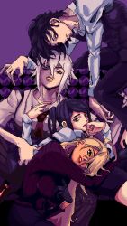 1boy 3girls alma_armas araki_hirohiko_(style) blonde_hair dana_zane dark-skinned_female dark_skin gillian_(va-11_hall-a) highres jill_stingray jojo_pose looking_at_viewer multiple_girls pixel_art purple_hair va-11_hall-a white_hair wmmzkl