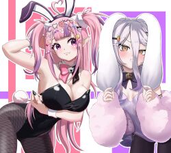 ahoge animal_ears bell black_bow black_leotard black_nails black_pantyhose blush bow breasts button_hair_ornament candy_hair_ornament carrot_hair_ornament cleavage closed_mouth crescent crescent_hair_ornament detached_collar f_yutaro79 fake_animal_ears fake_tail fang fishnet_pantyhose fishnets food-themed_hair_ornament gradient_hair grey_hair hair_between_eyes hair_ornament hand_on_own_ear heart heart_hair_ornament henya_the_genius henya_the_genius_(bunniversary) highres indie_virtual_youtuber ironmouse large_breasts leotard long_hair long_hair_between_eyes looking_at_viewer multicolored_hair neck_bell pantyhose pink_bow pink_hair pointy_ears pout pulling_own_ear purple_eyes purple_hair purple_leotard purple_streaks rabbit_ears rabbit_tail skin_fang skull_hair_ornament small_breasts star_(symbol) star_hair_ornament strapless strapless_leotard strawberry_hair_ornament tail twintails two-tone_bow virtual_youtuber wrist_cuffs x_hair_ornament yellow_eyes