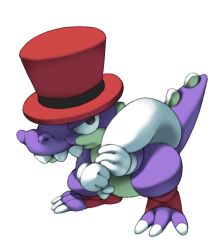 bag blumabeans claws croco_(super_mario_rpg) crocodile crocodilian gloves hat mario_(series) nintendo sharp_teeth smile solo super_mario_rpg teeth top_hat white_background