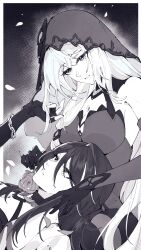 absurdres acheron_(honkai:_star_rail) black_choker black_gloves black_swan_(honkai:_star_rail) breasts chain chain_around_arm choker cleavage coat couple gloves hair_over_one_eye highres honkai:_star_rail honkai_(series) large_breasts long_hair multicolored_hair multiple_girls naruuuuuu9 purple_eyes purple_hair purple_veil single_wide_sleeve streaked_hair veil very_long_hair white_coat yuri