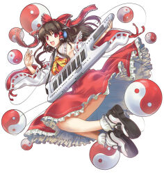 1girl ascot black_hair bow brown_hair commentary_request detached_sleeves duplicate frilled_bow frilled_hair_tubes frills hair_bow hair_ribbon hair_tubes hakurei_reimu holding holding_instrument instrument keytar long_hair red_bow red_eyes ribbon shike_naoto socks solo teeth touhou upper_teeth_only white_socks yellow_ascot yin_yang