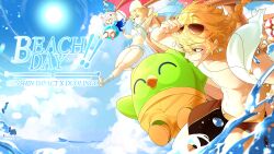 1boy 2girls absurdres aether_(genshin_impact) bikini braid brown-framed_eyewear brown_male_swimwear duo_(duolingo) duolingo earrings genshin_impact halo highres innertube jewelry kynlv long_hair lumine_(genshin_impact) male_swimwear multiple_girls muscular muscular_male navel paimon_(genshin_impact) smile stomach sunglasses swim_ring swimsuit topless_male white_bikini white_hair yellow_eyes