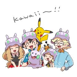 2boys 2girls ^_^ antennae ash_ketchum black_gloves black_ribbon black_shirt blonde_hair blue_jumpsuit blue_shirt bonnie_(pokemon) breasts bucket_hat character_hat clemont_(pokemon) closed_eyes collared_shirt colored_skin cropped_torso dedenne eyelashes facial_mark facing_another fingerless_gloves gen_1_pokemon gen_6_pokemon glasses gloves goomy hachisen happy hat holding holding_pokemon jumpsuit long_hair multicolored_skin multiple_boys multiple_girls neck_ribbon nintendo on_head open_mouth pikachu pokemon pokemon_(anime) pokemon_(creature) pokemon_on_head pokemon_xy_(anime) purple_skin red_skirt ribbon round_eyewear serena_(pokemon) shirt short_hair short_sleeves skirt sleeveless sleeveless_shirt smile solid_circle_eyes sparkle spiked_hair two-tone_skin upper_body v_arms