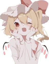 Rule 34 | 1girl, blonde hair, crystal wings, fang, flandre day, flandre scarlet, hair between eyes, hands on own cheeks, hands on own face, hat, highres, looking at viewer, mob cap, nanashi 1104, one eye closed, open mouth, red eyes, red vest, shirt, side ponytail, skin fang, smile, solo, touhou, upper body, vampire, vest, white background, white shirt