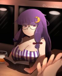 Rule 34 | 1girl, absurdres, adapted costume, alcohol, bags under eyes, beer, bespectacled, blue bow, blunt bangs, book, bow, breasts, closed mouth, cloudykeyz, collarbone, commentary, crescent, crescent hair ornament, english commentary, glasses, hair bow, hair ornament, highres, large breasts, long hair, looking at viewer, messy hair, mole, mole on breast, no headwear, open book, patchouli knowledge, pov, purple eyes, purple hair, red bow, round eyewear, touhou, twitter username, upper body, watermark, window