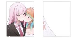 2girls alternate_costume bare_shoulders black_jacket black_suit bow bowtie breasts cleavage closed_mouth collared_shirt colored_inner_hair commentary dress earrings english_commentary feather_earrings feathers formal_clothes gradient_hair green_feathers green_hair hair_flaps highres hololive hololive_english jacket jewelry kiss kissing_cheek large_breasts long_hair looking_at_viewer miyuchiq mori_calliope multicolored_hair multiple_girls orange_hair parted_lips pink_bow pink_bowtie pink_eyes pink_hair see-through_clothes see-through_veil shirt sidelocks simple_background straight_hair strapless strapless_dress suit swept_bangs takanashi_kiara veil virtual_youtuber wedding_dress white_background white_shirt white_veil yuri