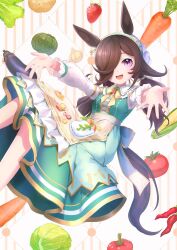 1girl :d animal_ears apron breasts brown_apron brown_hair carrot chili_pepper commentary_request corn dotted_line dress eggplant feet_out_of_frame food frilled_apron frills fruit garlic green_dress hair_over_one_eye highres horse_ears horse_girl horse_tail lettuce long_hair long_sleeves looking_at_viewer low_twintails moko39_takasora open_mouth potato puffy_long_sleeves puffy_sleeves purple_eyes rice_shower_(umamusume) rice_shower_(yummy_dreamy_fairy)_(umamusume) shirt sleeveless sleeveless_dress small_breasts smile solo strawberry striped_background tail tomato twintails umamusume very_long_hair waist_apron white_shirt
