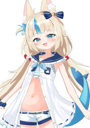 Rule 34 | 1girl, absurdres, ahoge, animal ear fluff, animal ears, bikini, bikini under clothes, blue bikini, blue bow, blue eyes, blue hair, blue scrunchie, bow, breasts, cat ears, dress, fang, fins, fish girl, fish tail, hair bow, highres, indie virtual youtuber, long hair, low twintails, multicolored hair, open mouth, sameko saba, scrunchie, short shorts, shorts, skin fang, sleeveless, sleeveless dress, small breasts, smile, solo, streaked hair, swimsuit, tail, twintails, u kome, very long hair, virtual youtuber, white dress, white shorts