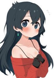 Rule 34 | 1girl, alternate hair length, alternate hairstyle, black bra, black hair, blue eyes, blush, bra, breasts, cleavage, clothes pull, earrings, gloves, highres, jewelry, kaban (kemono friends), kemono friends, long hair, looking at viewer, medium breasts, off shoulder, ransusan, red shirt, shirt, shirt pull, solo, sweat, underwear, wavy hair