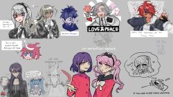 3boys 6+girls ahoge amemiya_darumi aotsuki_eito black_hair blonde_hair blue_hair dark-skinned_female dark_skin english_text grey_background hands_up kashimiya_karua kawana_tsubasa kirifuji_nozomi last_defense_academy_school_uniform long_hair looking_at_viewer messy_hair multicolored_hair multiple_boys multiple_girls omokage_yugamu open_mouth pink_eyes purple_eyes purple_hair red_eyes red_hair shizuhara_hiruko simple_background sketch speech_bubble sumino_takumi the_hundred_line_-last_defense_academy- thought_bubble tsukumo_ima tsukumo_kako twintails upper_body white_hair