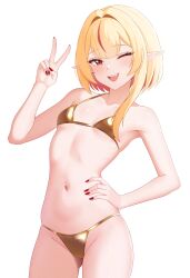 1girl absurdres armpits bad_tag bikini blonde_hair blunt_ends blush center-flap_bangs chromashift commentary cowboy_shot double-parted_bangs dsuzu fang fingernails gold_bikini hair_intakes hand_on_own_hip hand_up highres linea_alba looking_at_viewer nail_polish navel one_eye_closed open_mouth pointy_ears red_eyes red_nails ruby_runeheart short_hair_with_long_locks simple_background slit_pupils smile solo standing stomach swimsuit teeth upper_teeth_only v variant_set virtual_youtuber white_background