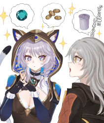 +_+ 2girls absurdres animal_ears black_gloves black_jacket blue_eyes blush_stickers braid breasts cat_ears cipher_(honkai:_star_rail) cleavage coin commentary_request fingerless_gloves gem gloves grey_hair highres honkai:_star_rail honkai_(series) hood jacket mole multiple_girls oekakidekinai1 own_hands_together simple_background sparkle stelle_(honkai:_star_rail) trailblazer_(honkai:_star_rail) trash_can white_background yellow_eyes