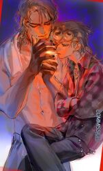 2boys absurdres black_nails black_pants blonde_hair closed_mouth commentary dio_brando earrings father_and_son giorno_giovanna highres jewangchobab jewelry jojo_no_kimyou_na_bouken lighting_cigarette long_hair male_focus multiple_boys muscular pants shirt sitting smile smoking stardust_crusaders stud_earrings topless_male twitter_username vento_aureo victory_rolls yellow_eyes