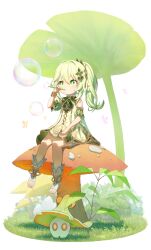 1girl absurdres barefoot bubble cape cro_(user_znms5733) cross-shaped_pupils dress genshin_impact gradient_hair green_cape green_dress green_eyes green_hair green_sleeves hair_ornament highres jewelry leaf_hair_ornament long_hair multicolored_hair nahida_(genshin_impact) pointy_ears side_ponytail sitting solo symbol-shaped_pupils