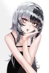 1girl black_hair commentary cross-shaped_pupils grey_hair hand_on_own_chin head_rest highres hololive hololive_english kozimo123456 looking_at_viewer multicolored_hair open_mouth shiori_novella simple_background solo split-color_hair symbol-shaped_pupils two-tone_hair virtual_youtuber white_background yellow_eyes